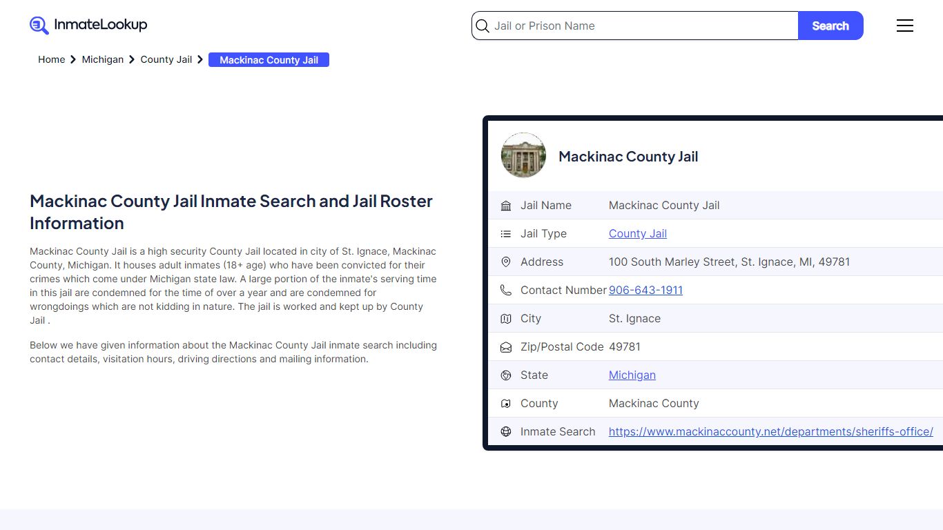 Mackinac County Jail Inmate Search and Jail Roster Information